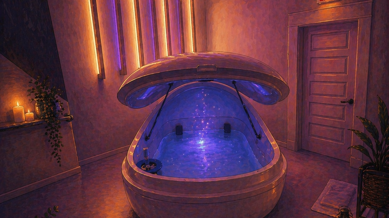 Watercolor illustration of an open float tank glowing blue