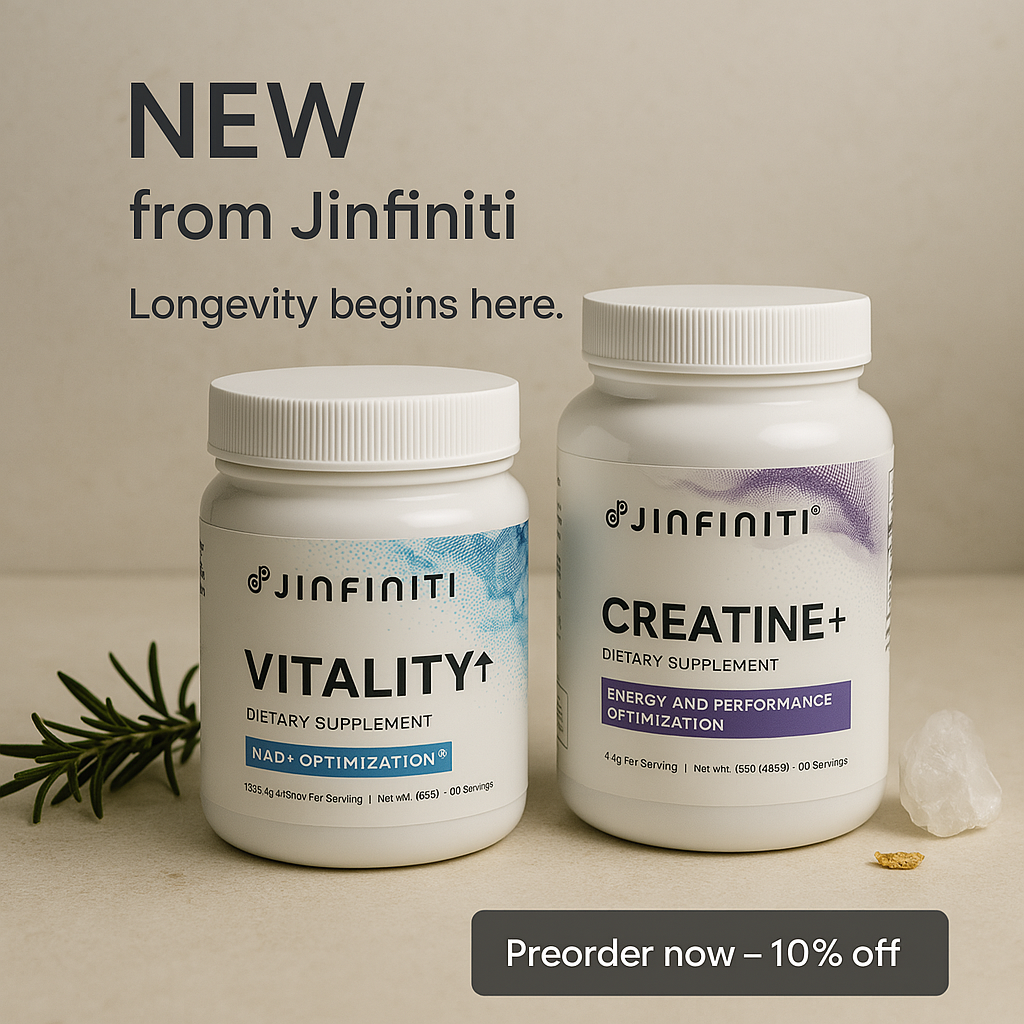 Jinfiniti supplement bottles arranged on a stoneware tray